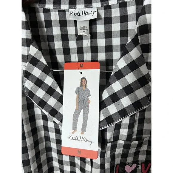 Keith Haring Pajama Set Womens Medium Black Gingham Check Heart Love Cotton - Picture 4 of 15